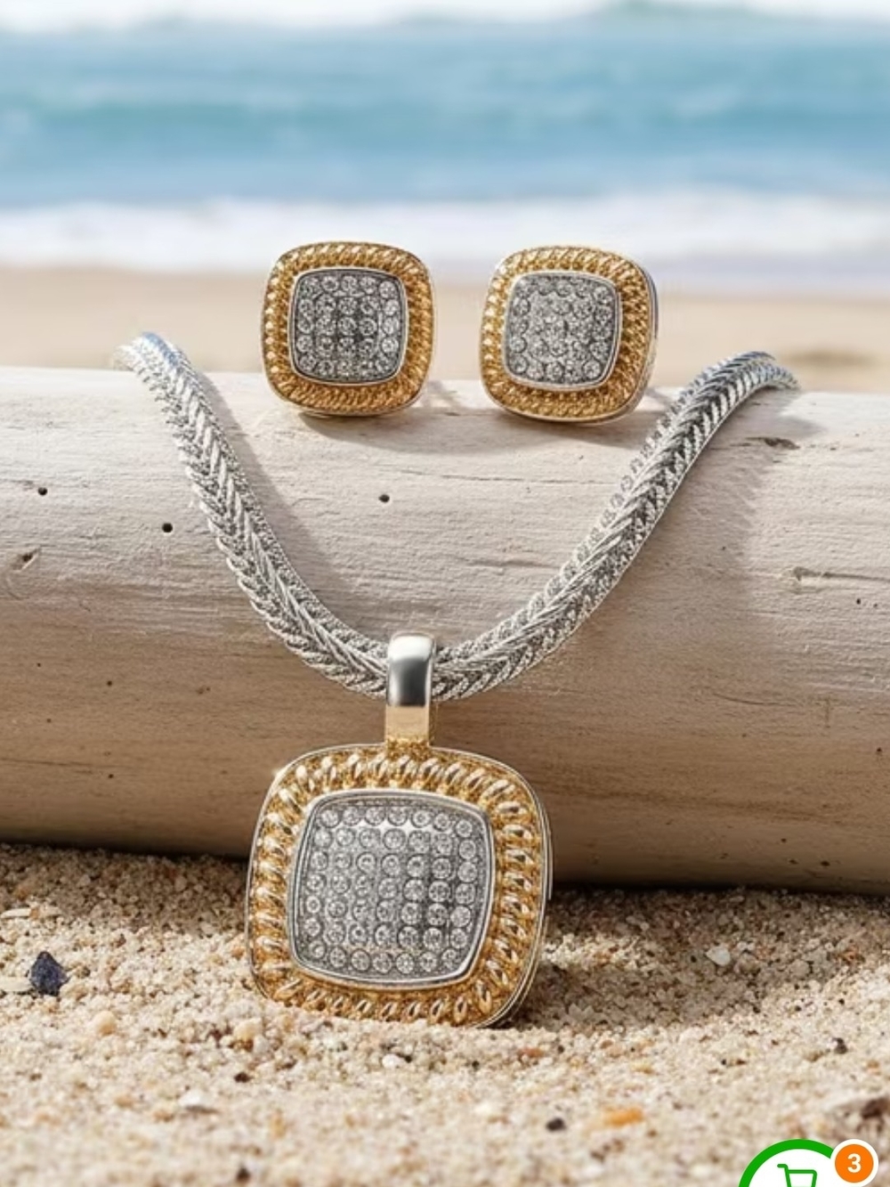Two-Tone Gold & Silver Pave Square Pendant Necklace and Stud Earrings Set